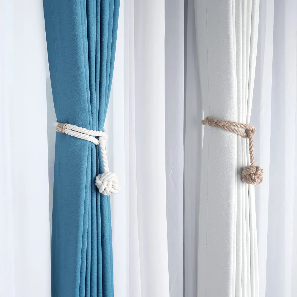 rideaux moderne bleu blanc corde nouée pompon coton chanvre uni opaques 60cm