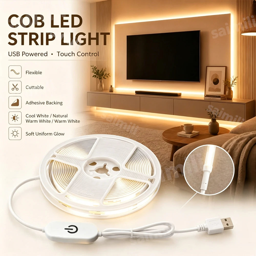 ruban led cob blanc flexible adhésif moderne minimaliste éclairage chambre salon télévision
