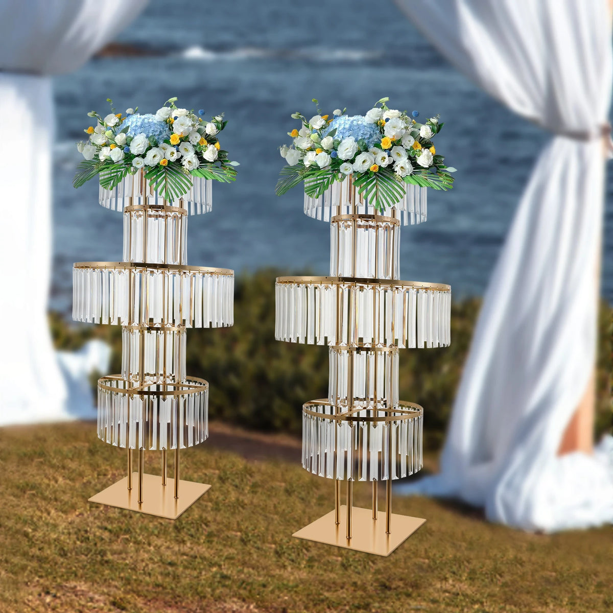 support fleurs moderne or rondelles transparentes décoration table mariage anniversaire pieds