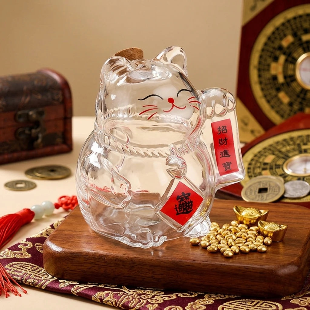 pot verre chat porte bonheur maneki neko transparent or monnaie bijoux décoratif asiatique chance