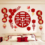 décoration murale mariage chinois double bonheur papillons motifs floraux rouge doré festive chambre nuptiale