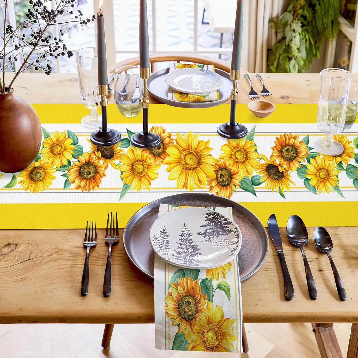 chaise table lin fleurs tournesol jaune motif floral décoration rustique maison festive