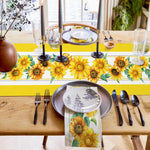 chaise table lin fleurs tournesol jaune motif floral décoration rustique maison festive