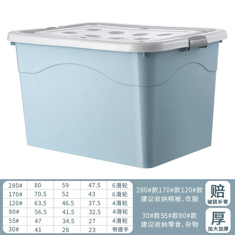 Boîte de rangement plastique jaune avec roulettes, empilée pour rangement