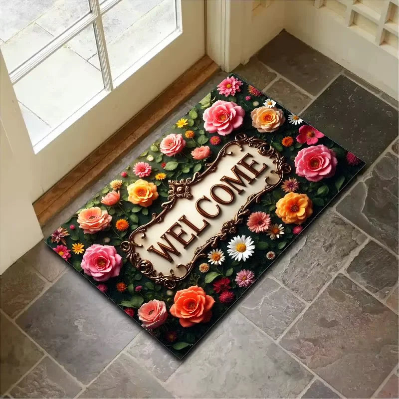 tapis d'entrée intérieur extérieur motif fleurs welcome texte doré classique décoration maison polyester
