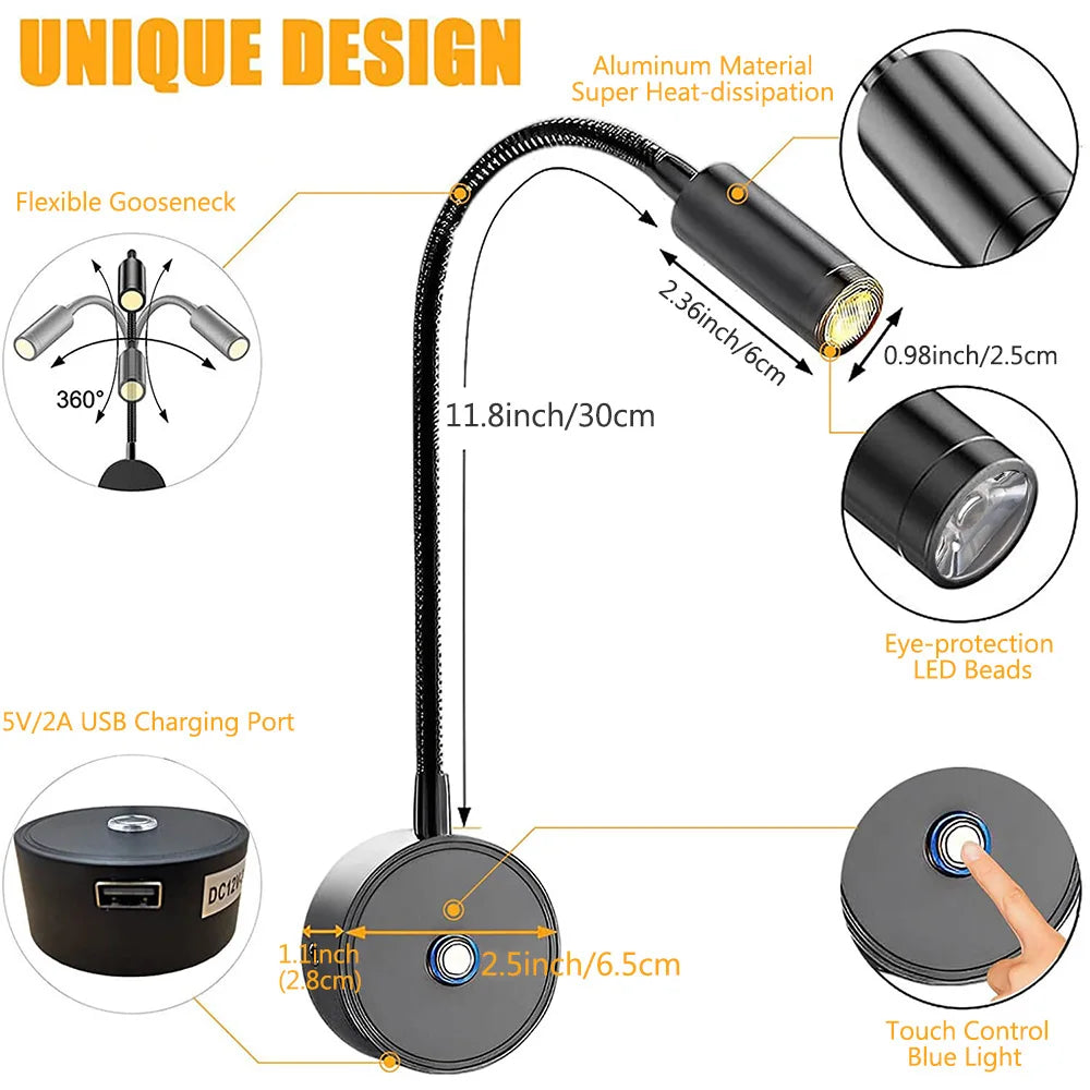 lampe lecture flexible moderne noir argent interrupteur tactile led rechargeable via usb