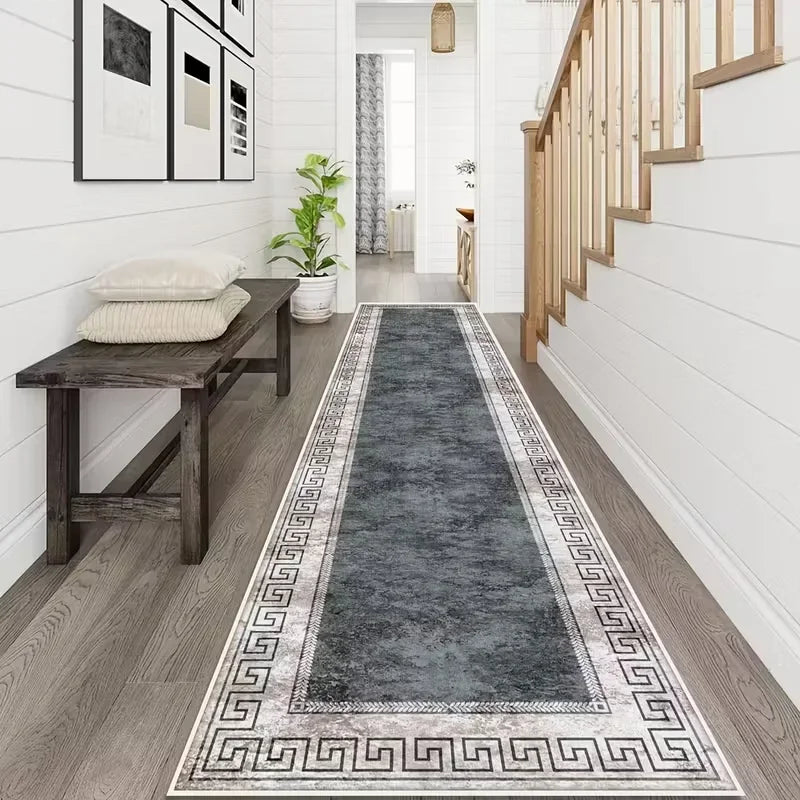 tapis géométrique gris blanc antidérapant polyester durable moderne large entrée chambre cuisine
