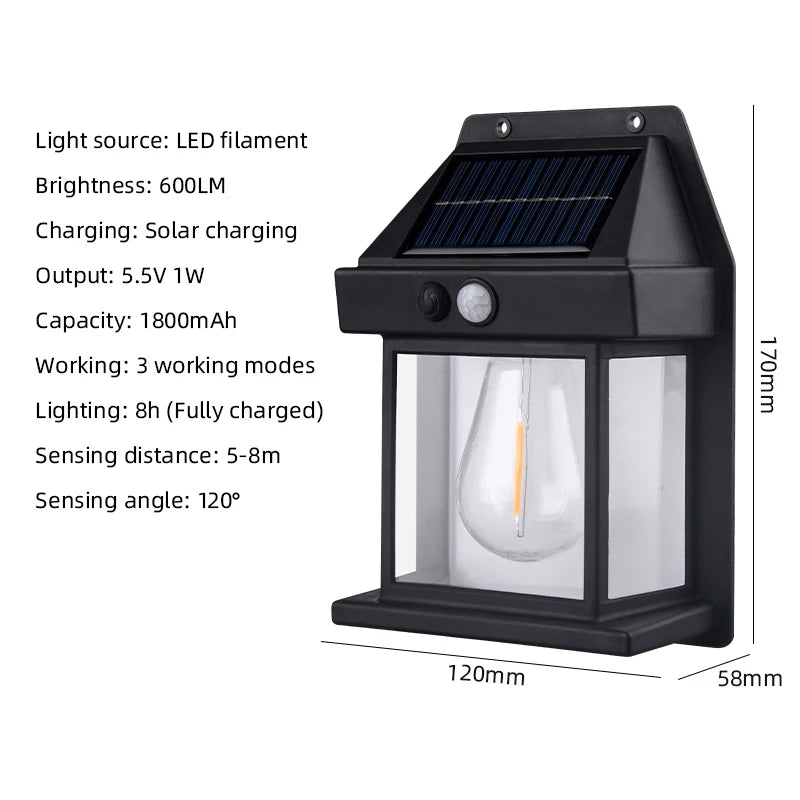 lampe solaire murale tungstène motion sensor sécurité extérieure patio moderne adhésive