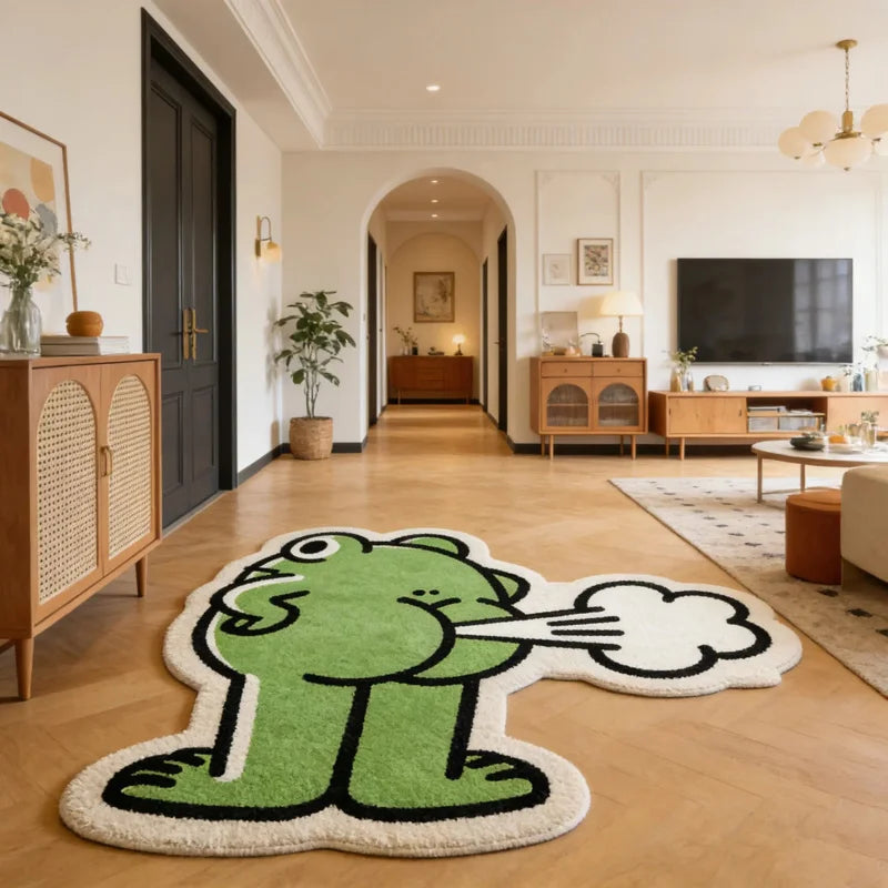 tapis vert blanc grenouille pelucheux contemporain dessin animé 100cm 80cm 50cm imperméable