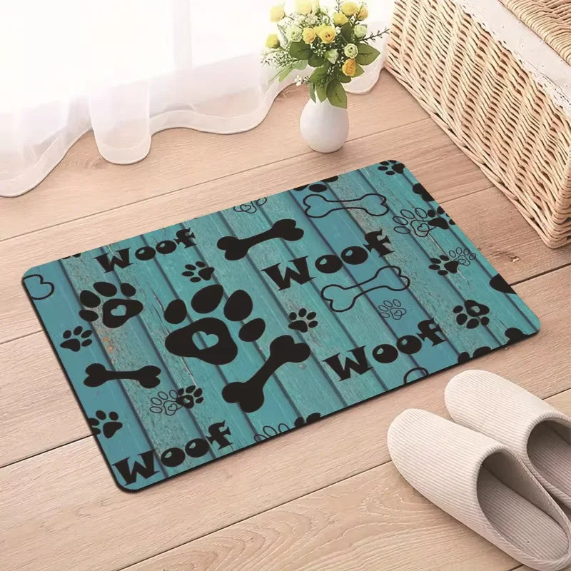 tapis absorbant antidérapant animaux violet bleu noir motif patte chien woof os floral