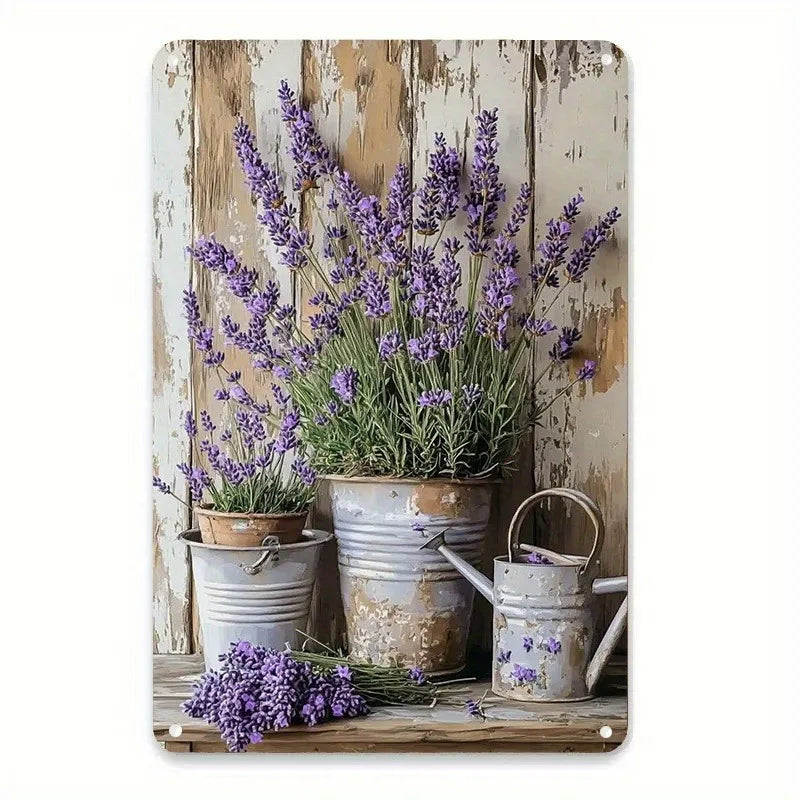 décoration murale rustique plaque métal fleurs lavande pots arrosoir vintage blanc bleu gris violet