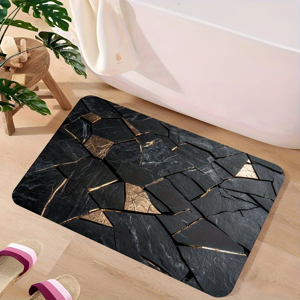 tapis noir doré marbre géométrique moderne élégant anti dérapant lavable salle bain cuisine