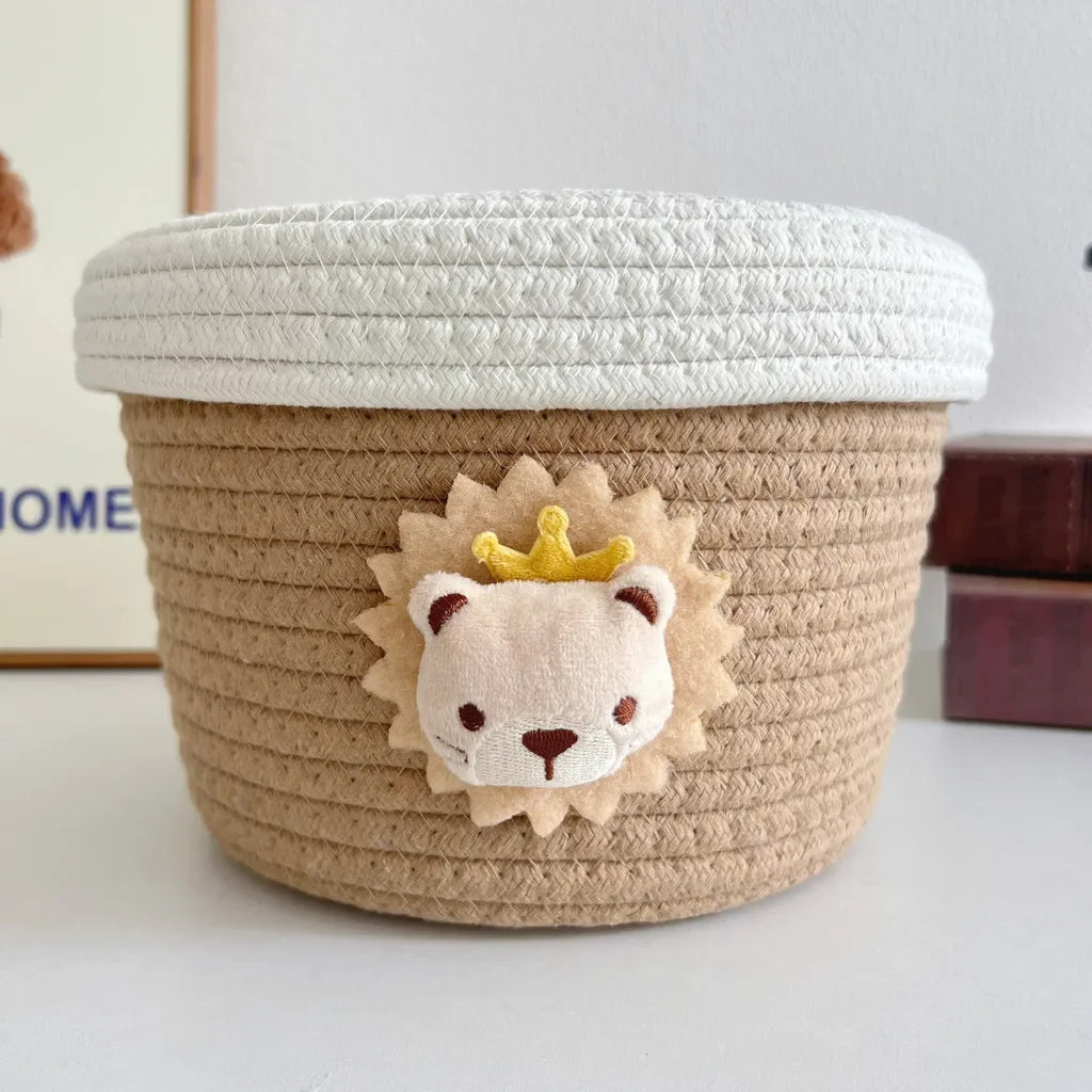 paniers rangement tissu tressé rose beige ours lion couvercles rubans pois enfantins