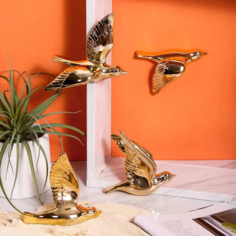 décoration murale moderne or argent blanc oiseaux céramique adhésif minimaliste
