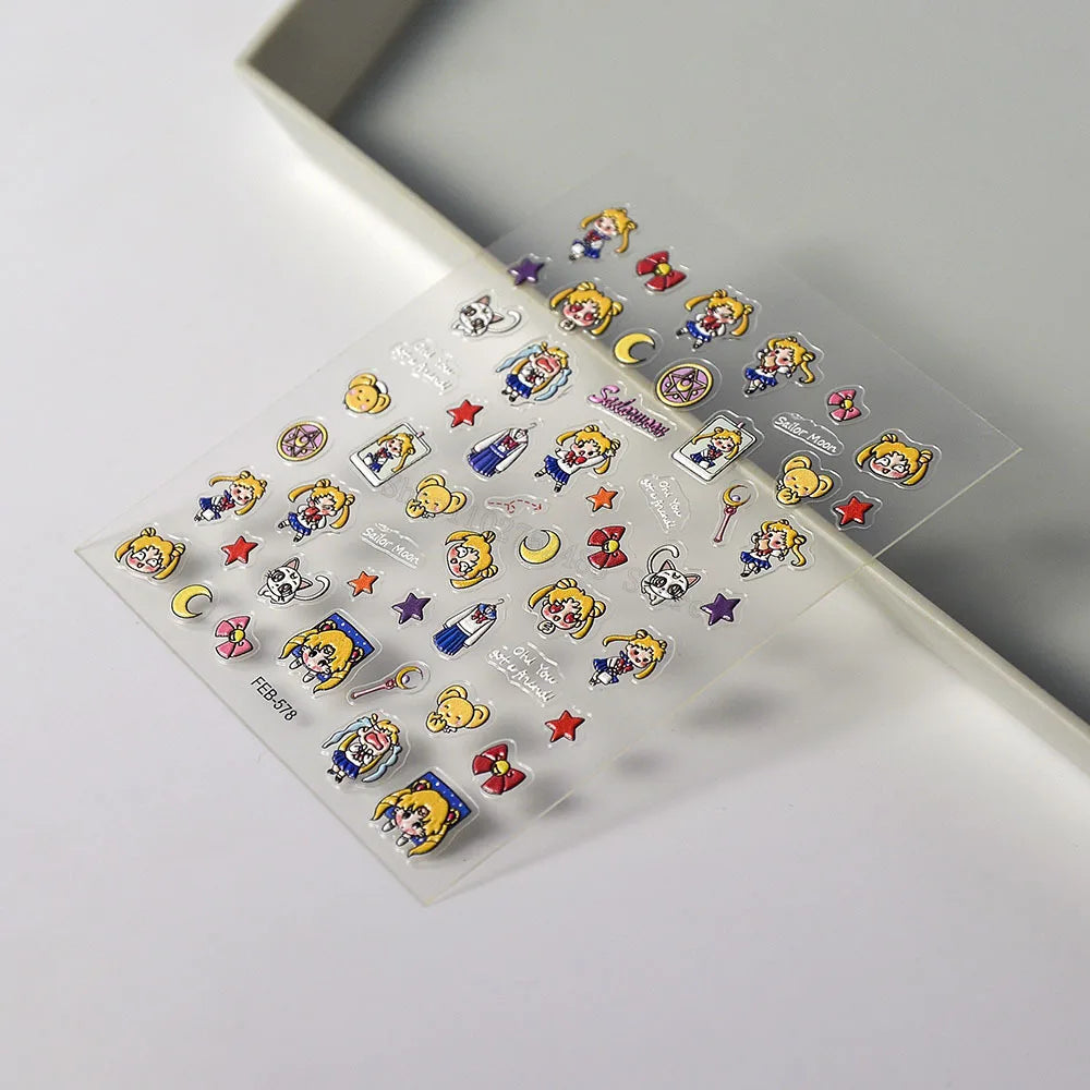autocollants ongles relief dessins animés personnage Sailor Moon coiffure étoile lunettes accessoires transparentes cartoon