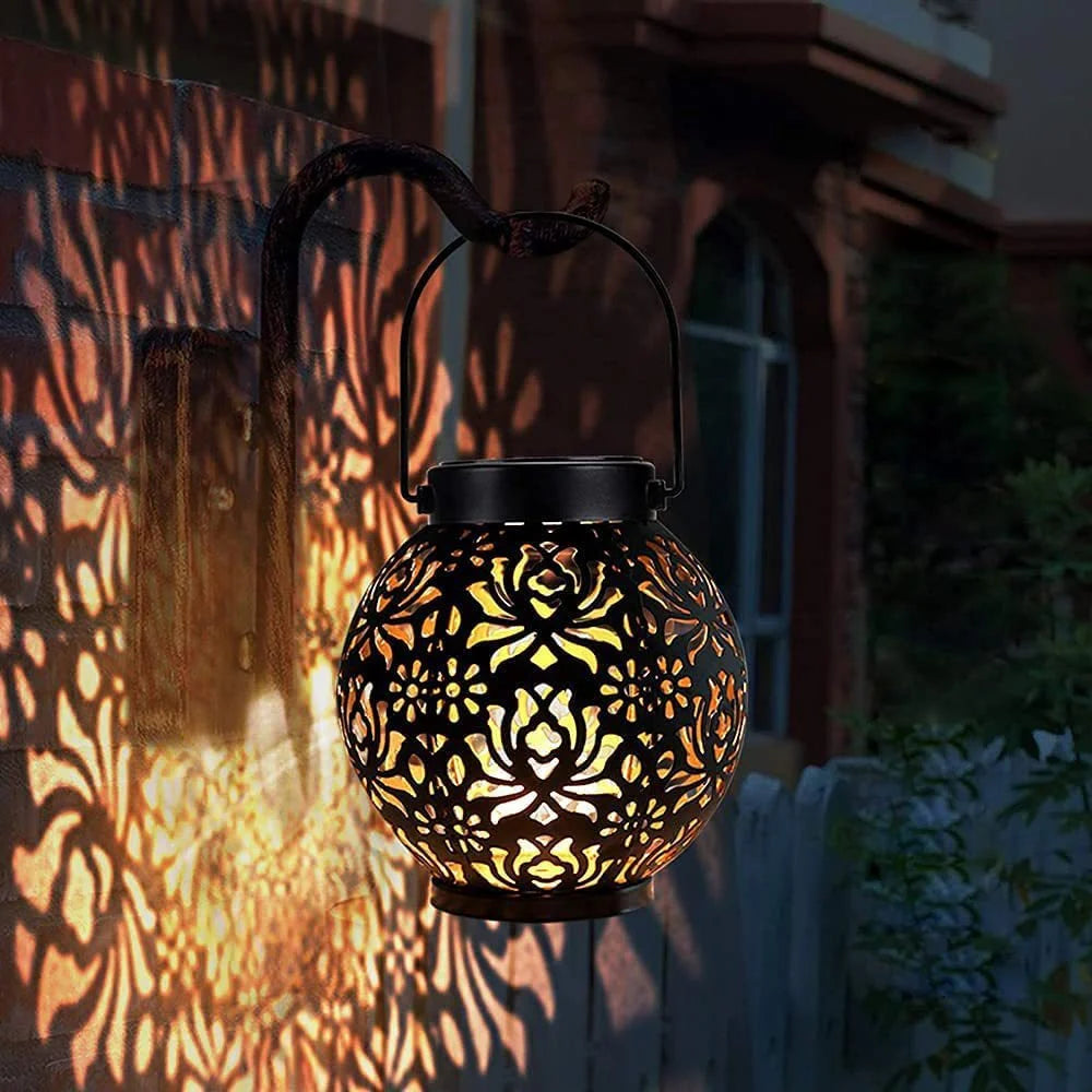 lanterne solaire extérieure led noire florale artisanale ip44 jardin camping