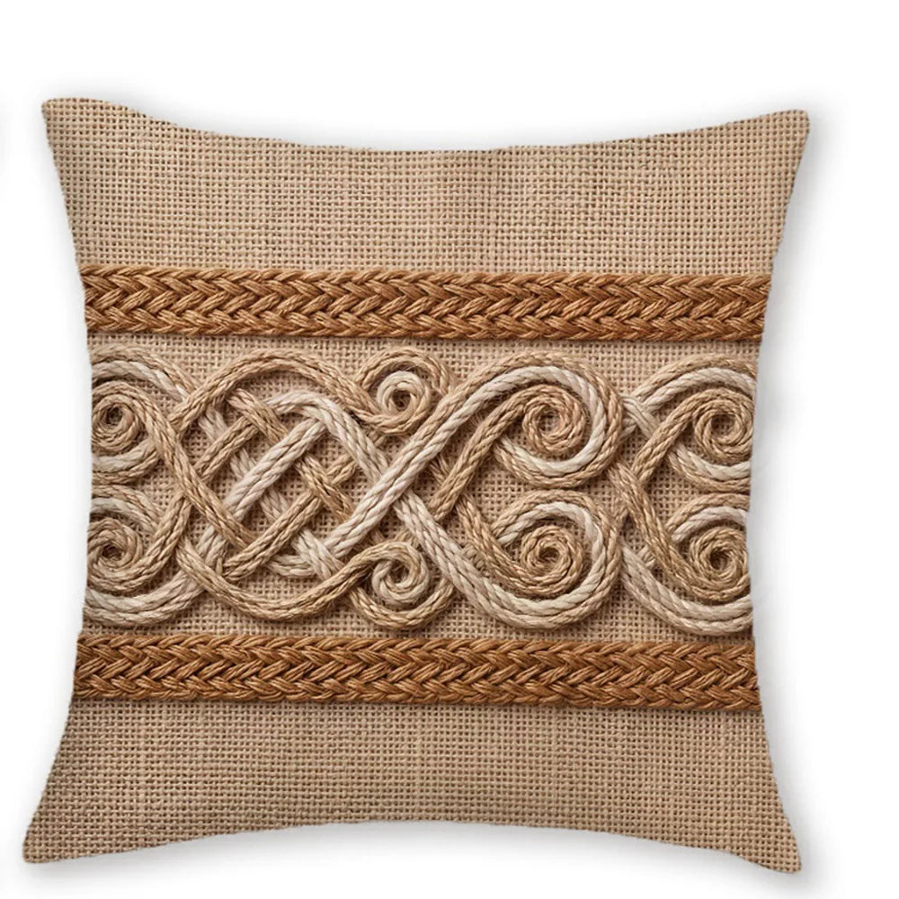housse coussin brodée épis blé nœud celtique boho farmhouse beige rustique machine