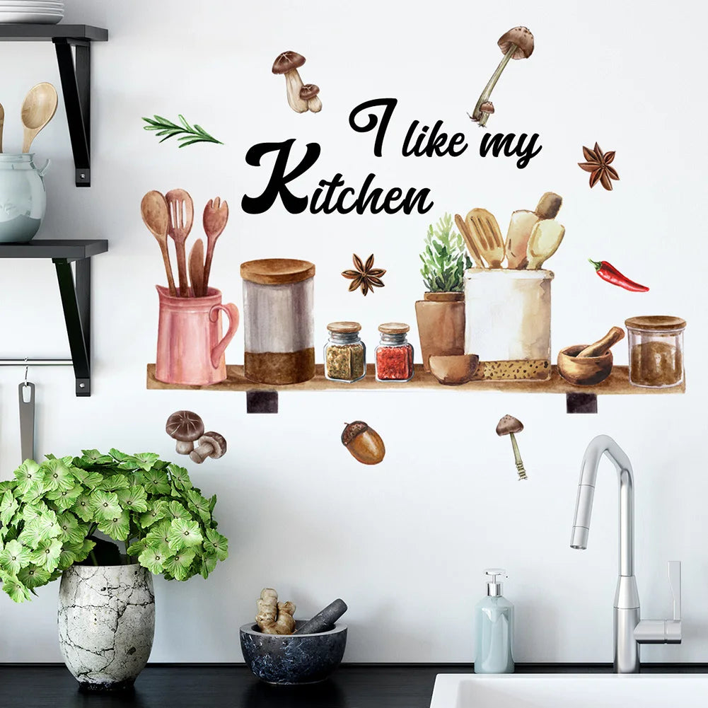décoration murale aquarelle cuisine ustensiles épices plantes rustique botanique stickers muraux adhésifs