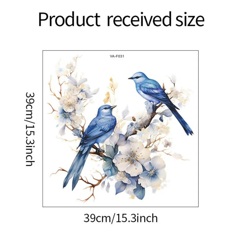 sticker mural oiseaux branches fleurs art floral adhésif bleu blanc beige bruns chambre salon