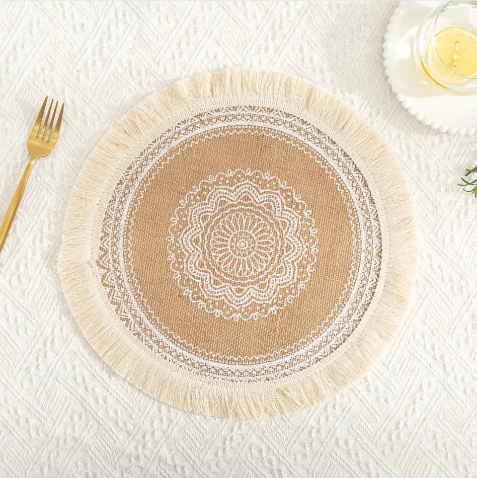 serviettes table boho chic brodées franges beige blanches table rond 38cm lavables