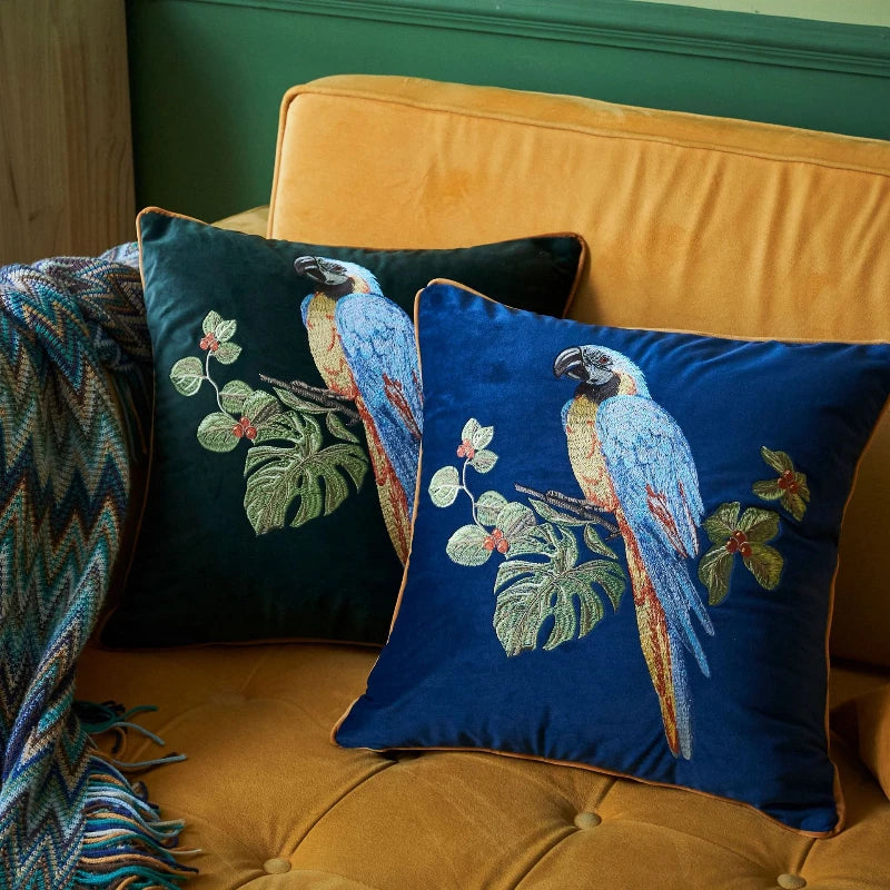 taies d'oreiller velours oiseau perroquet feuilles bleu foncé élégant non toxique polyester respectueux environnement