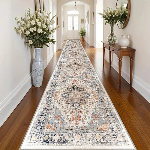 tapis long salon cuisine couloir motif oriental vintage doux gris beige bleu orange antidérapant