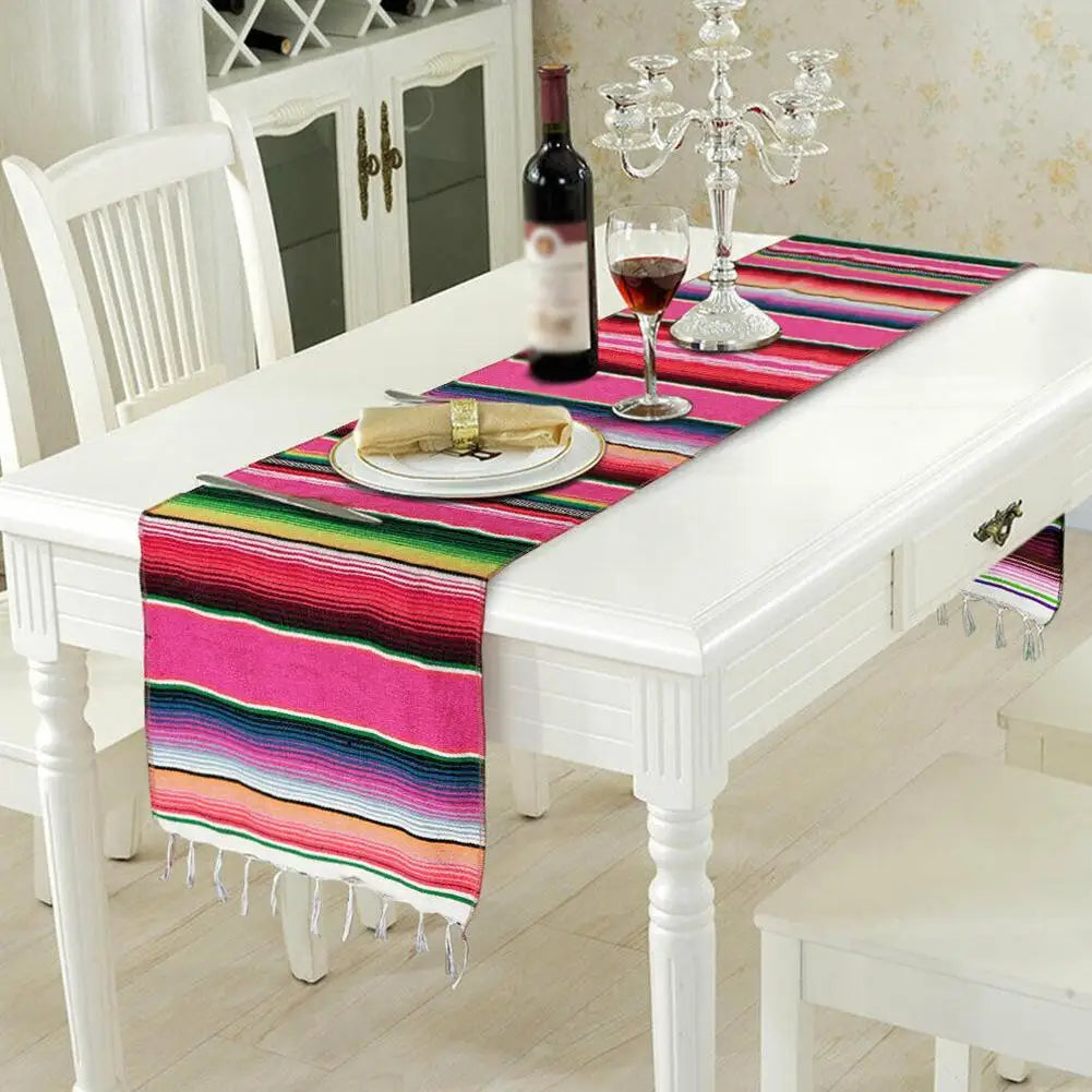nappe rayée arc ciel mexicain festive coton réutilisable franges couleur vive table
