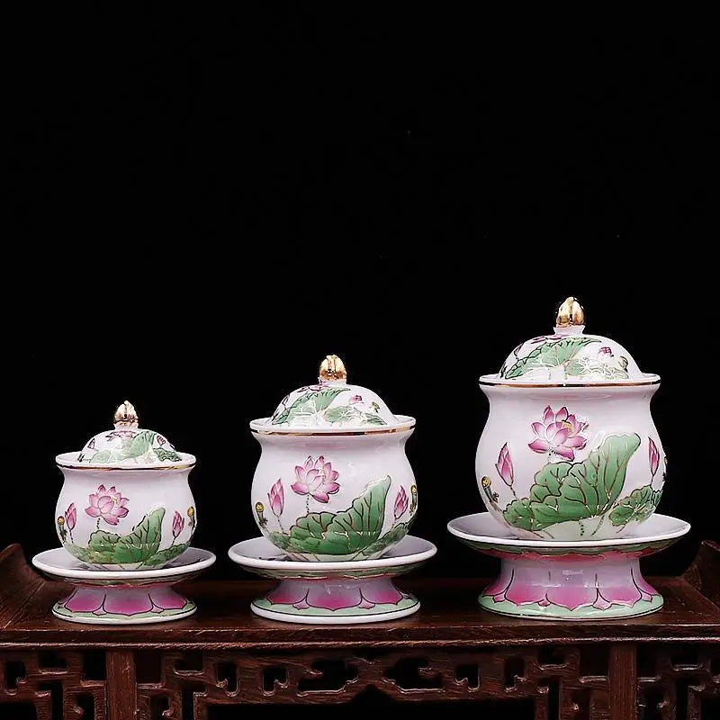 pot thé céramique décoratif bouddhiste lotus blanc jaune rouge soucoupe dorée