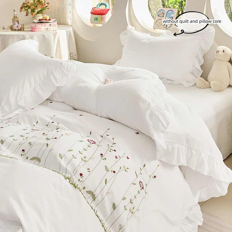 ensemble literie broderie florale blanc classique couvre lit taies oreiller 135x200cm 220x240cm