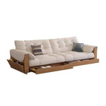 canapé lit moderne bois tissu uni beige inclinable coussins décoratifs salon minimaliste