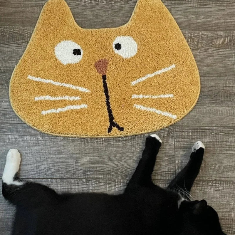 tapis sol antidérapant imperméable polyester motif chat visage orange marron vert moderne salle bain