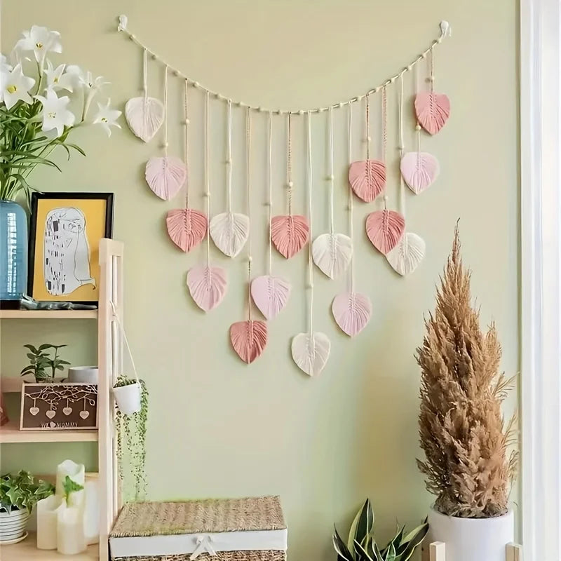 guirlande murale boho chic feuilles rose clair tissées artificielles crochets salon chambre