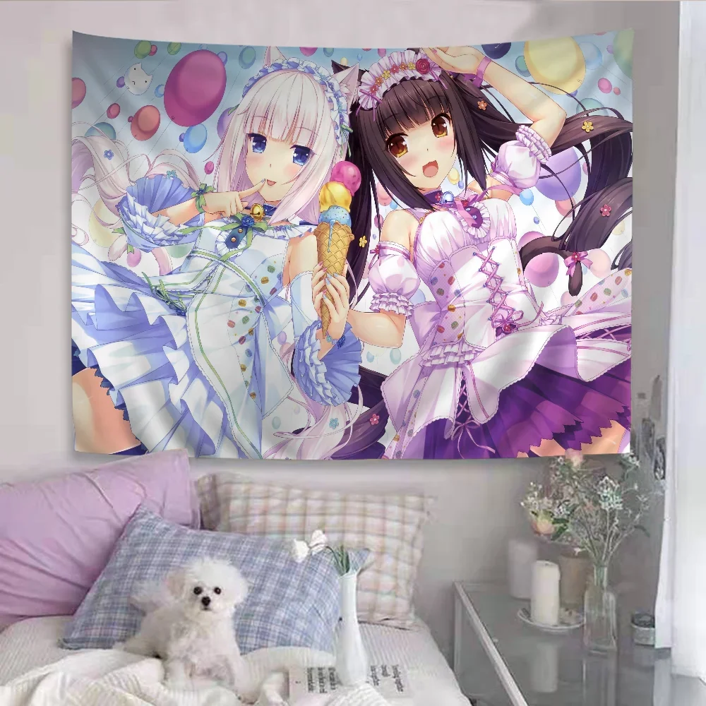 tapisserie graphique anime personnages dessins animés rose vert blanc illustration animaux mignons moderne