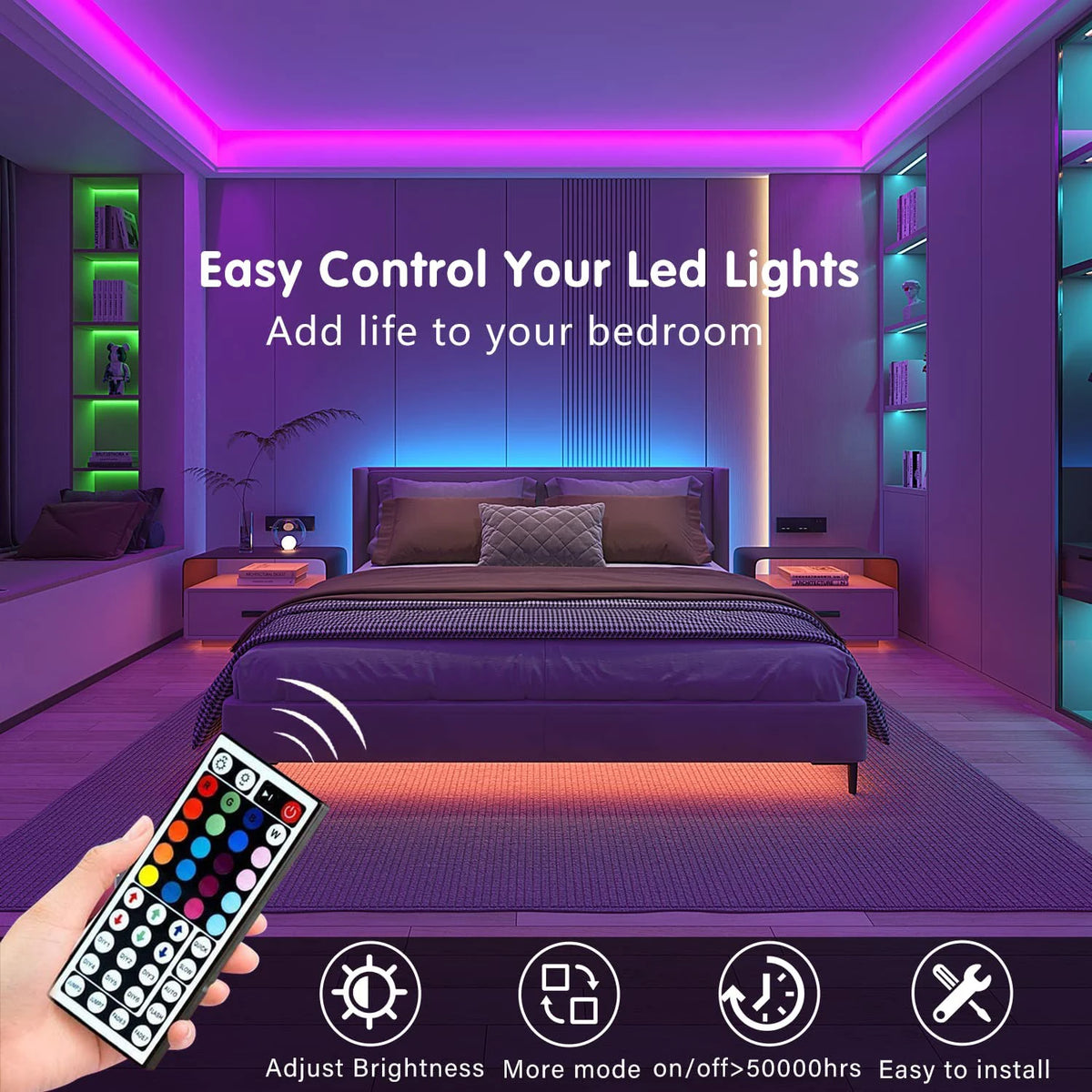 Bande lumineuse RGB derrière un lit