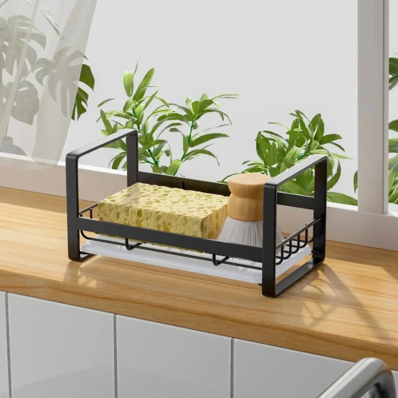 rangement évier porte savon porte éponge métal réutilisable moderne minimaliste noir argenté