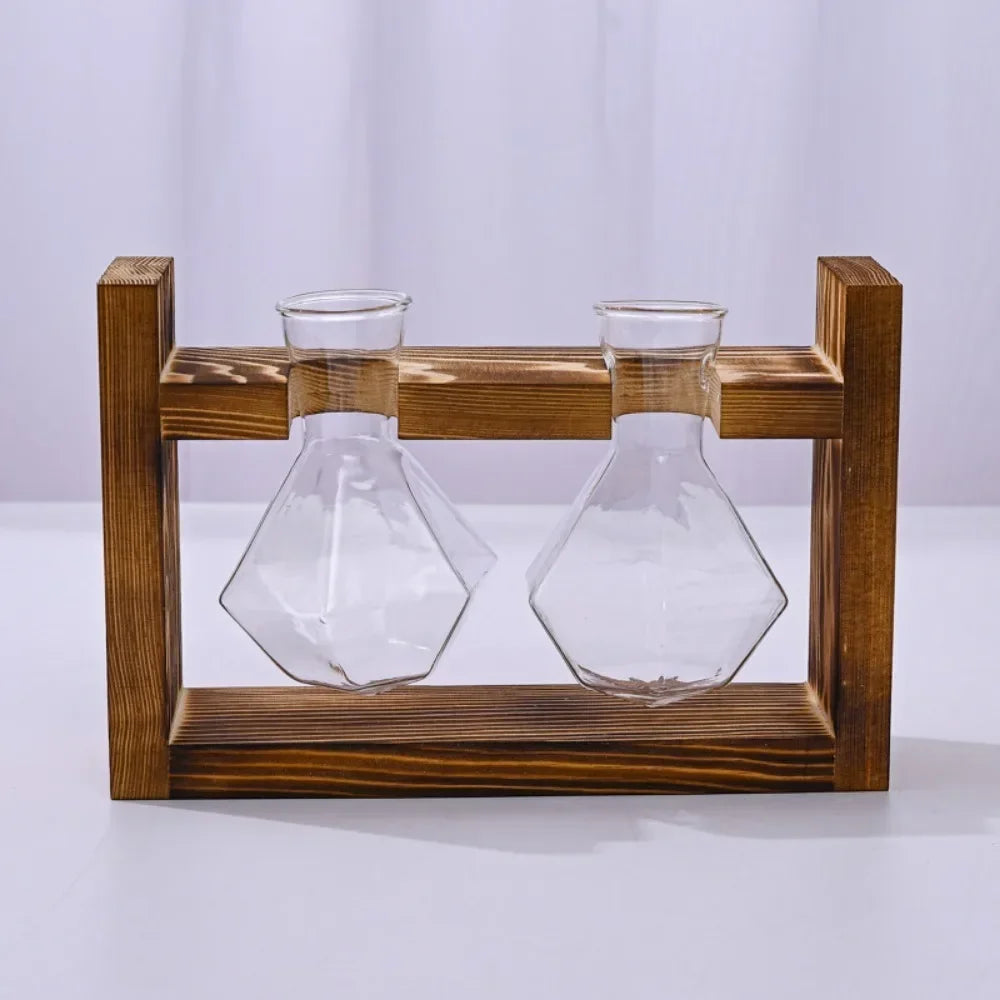 support plantes verre moderne bois marron clair vase transparent feuilles vertes multicoloresintérieur décoration