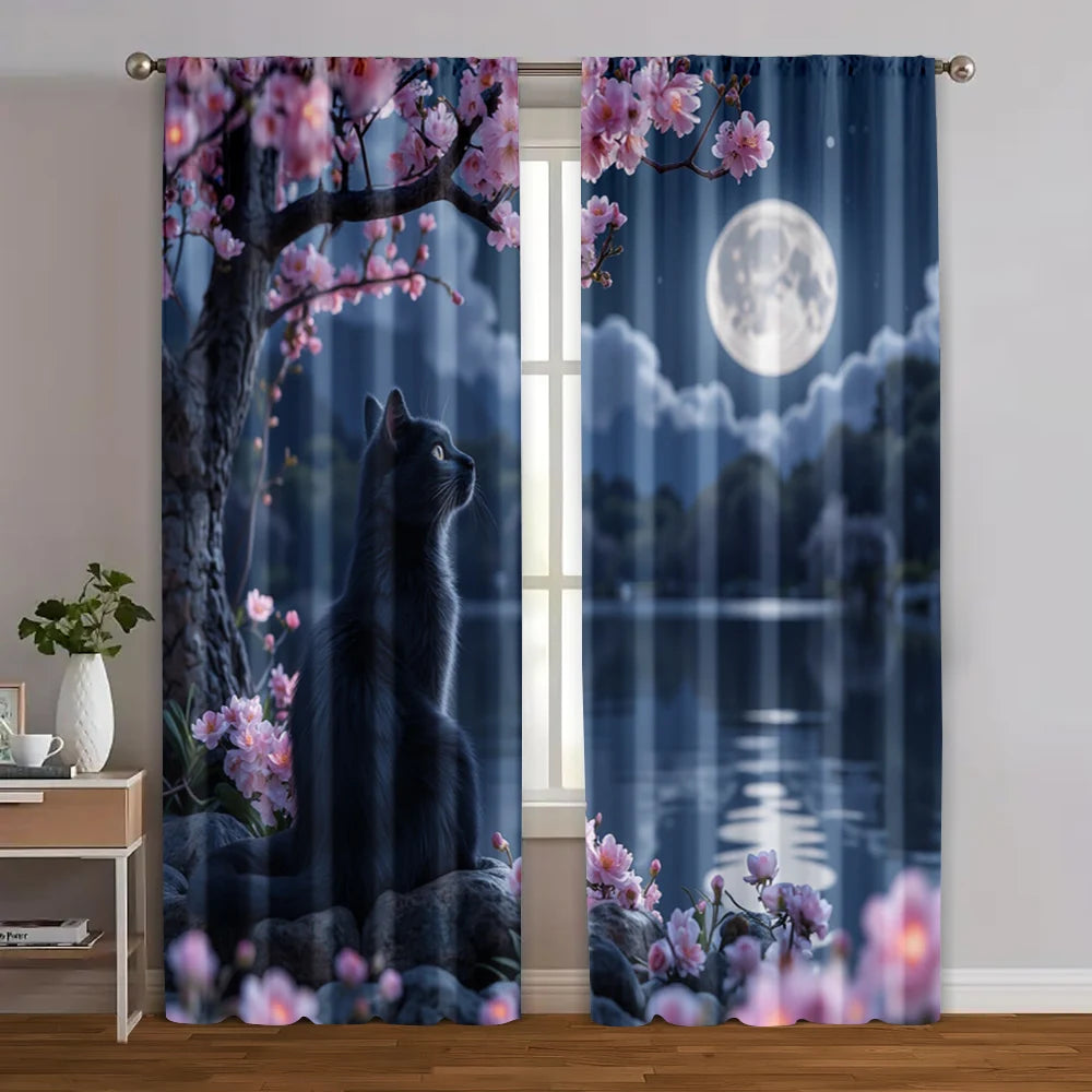 rideau fleurs cerisier chat noir moderne bleu nuit rose clair polyester opacité 75x166cm 105x230cm