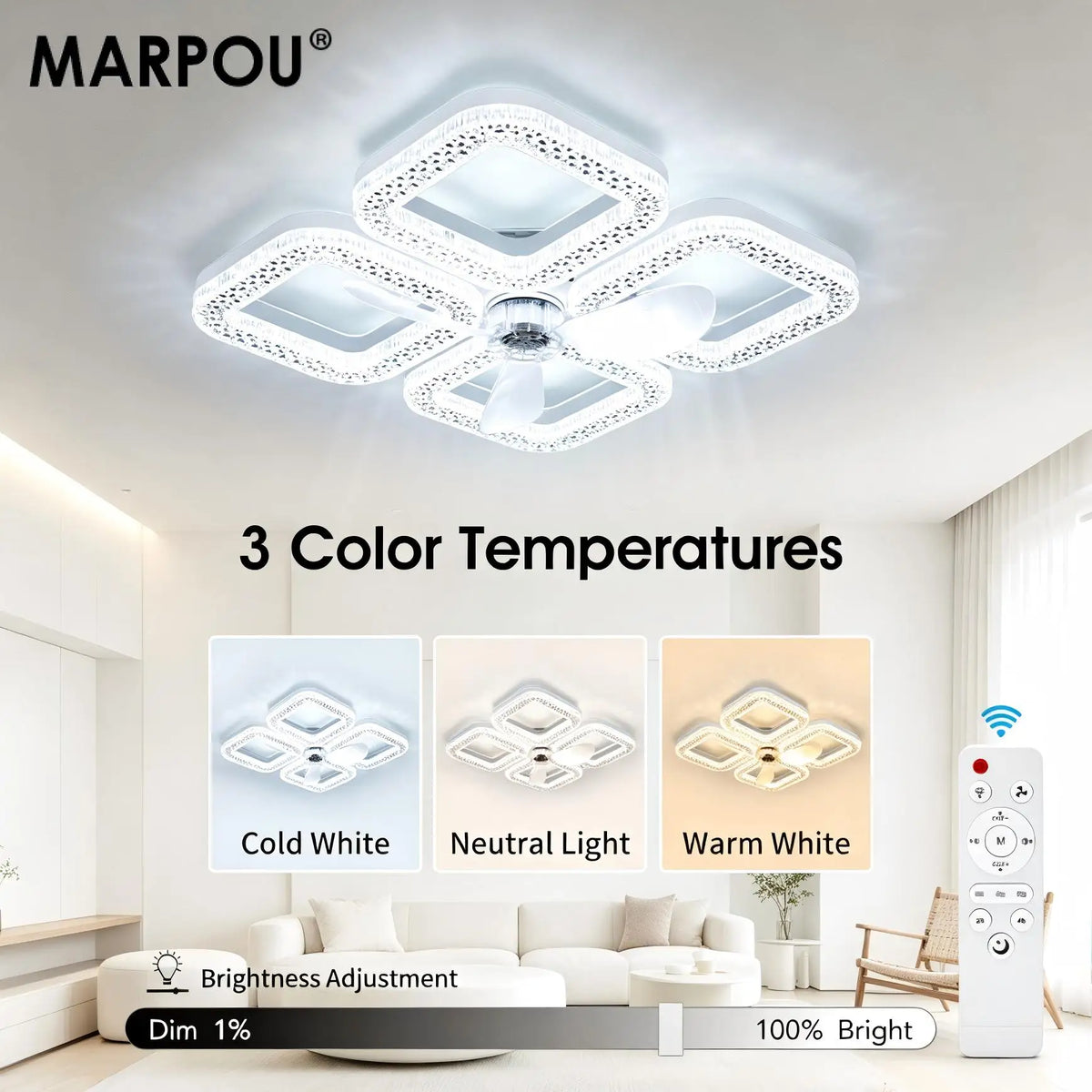 ventilateur plafonnier moderne blanc strass télécommande led vitesses minuterie lumières