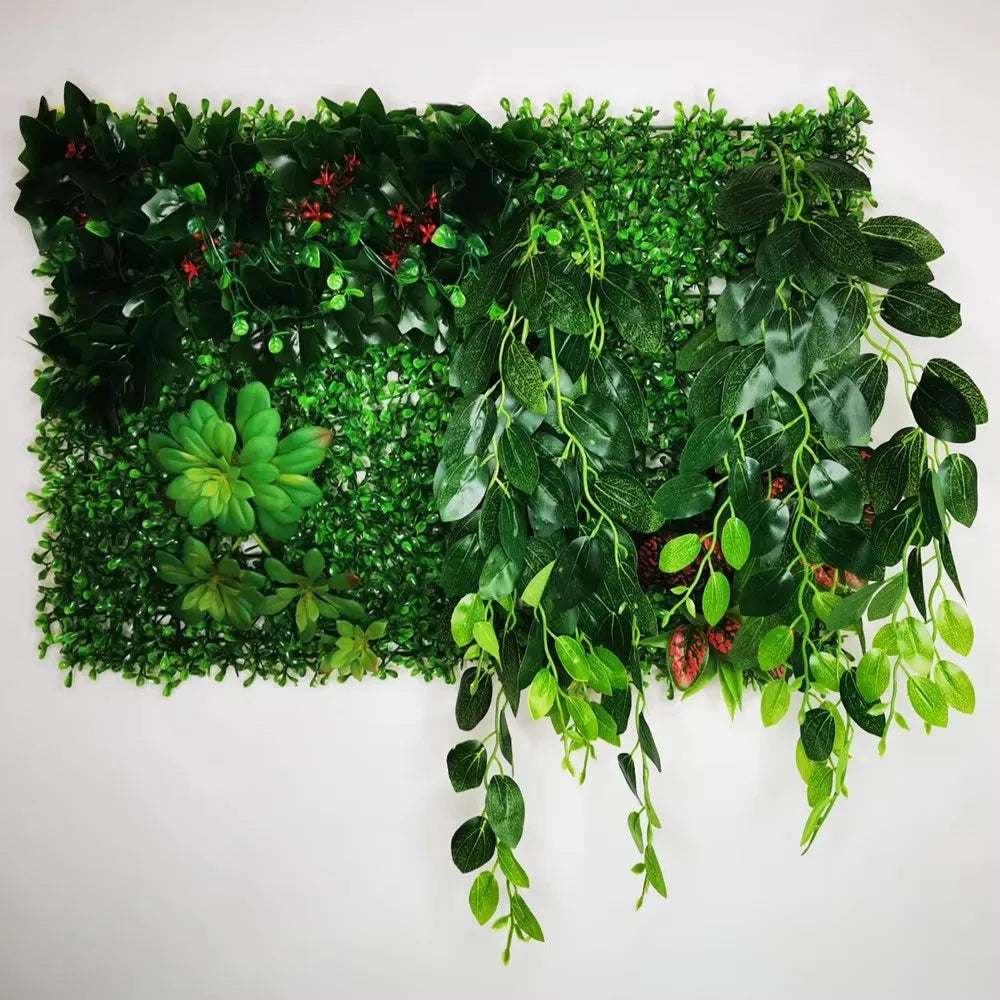 plantes artificielles vertes feuilles variées fruits rouges extérieures accrochées décoration naturelle maison exposition