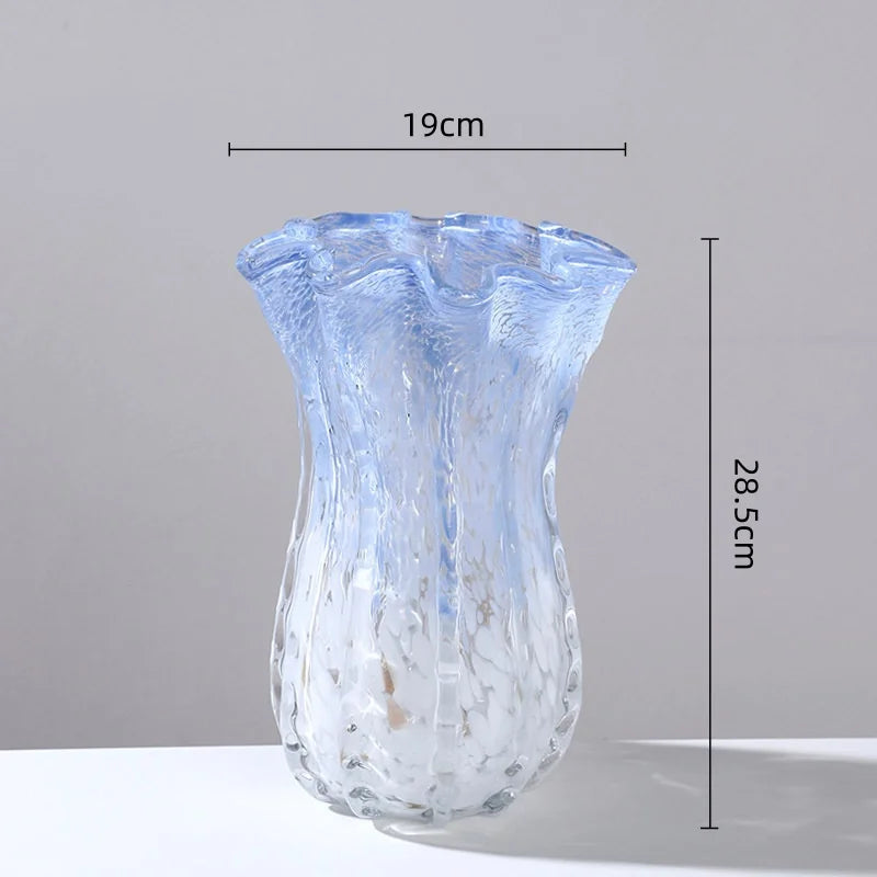 vases modernes bleu clair texture marbrée effet verre soufflé décoration intérieure plateau fruits vase