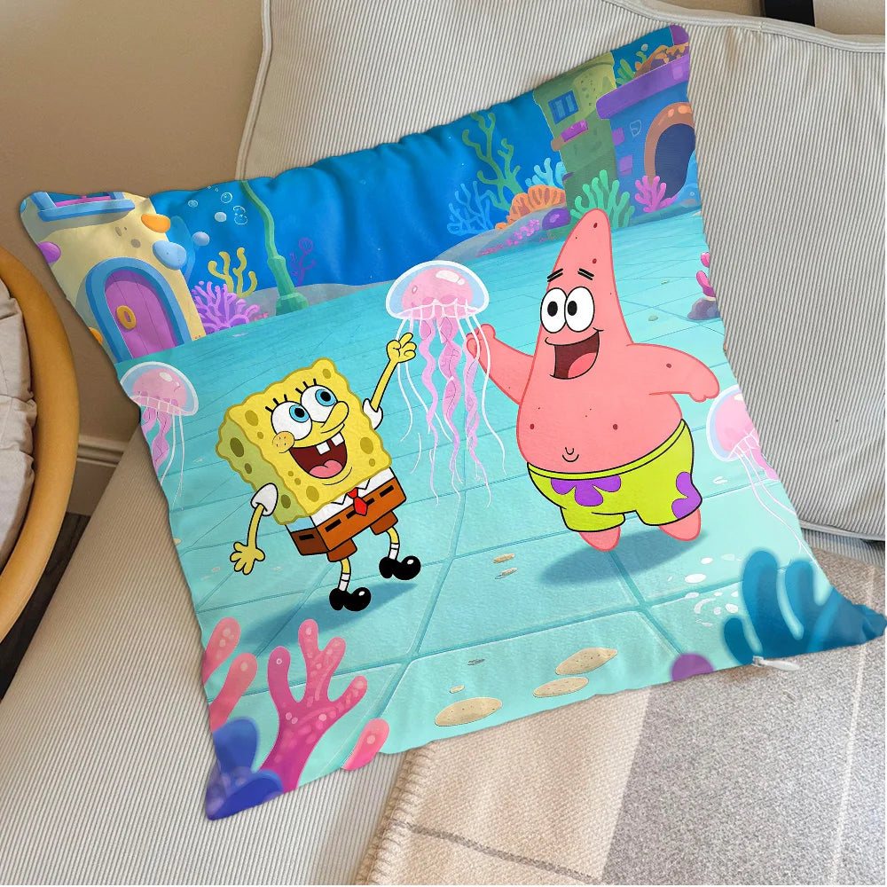 housse coussin carrée jaune motif bob l'éponge cartoon décoration salon lit fauteuil enfant