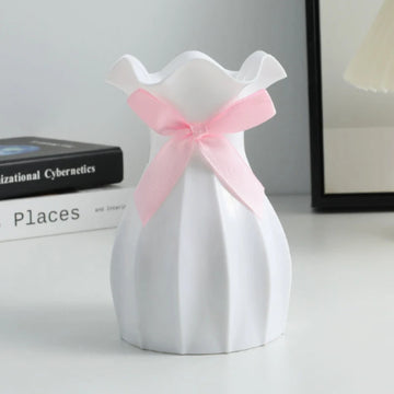 vase decoratif moderne texturé ondulé fleurs artificiels rubans rose salon