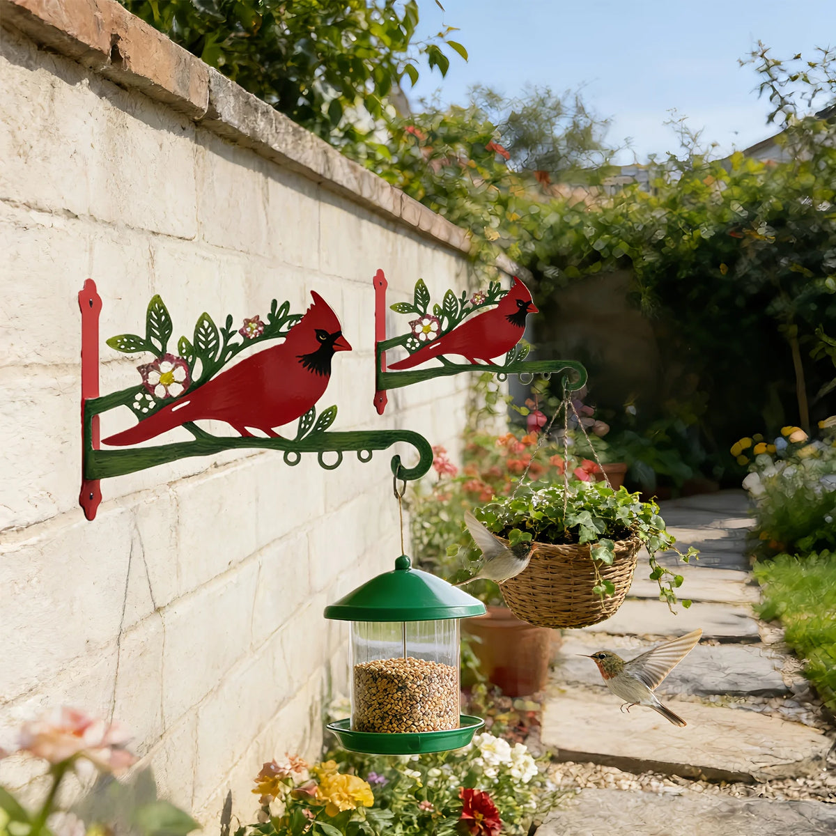 support mural rustique oiseaux cardinaux panier fleurs abri nourriture vis decorationextérieur