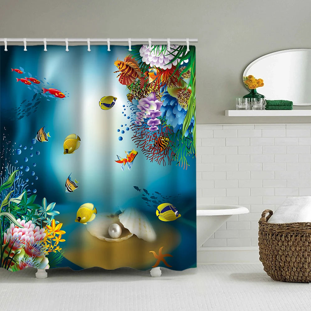 rideau douche motif marine tapis bain couvercle toilette poissons coraux