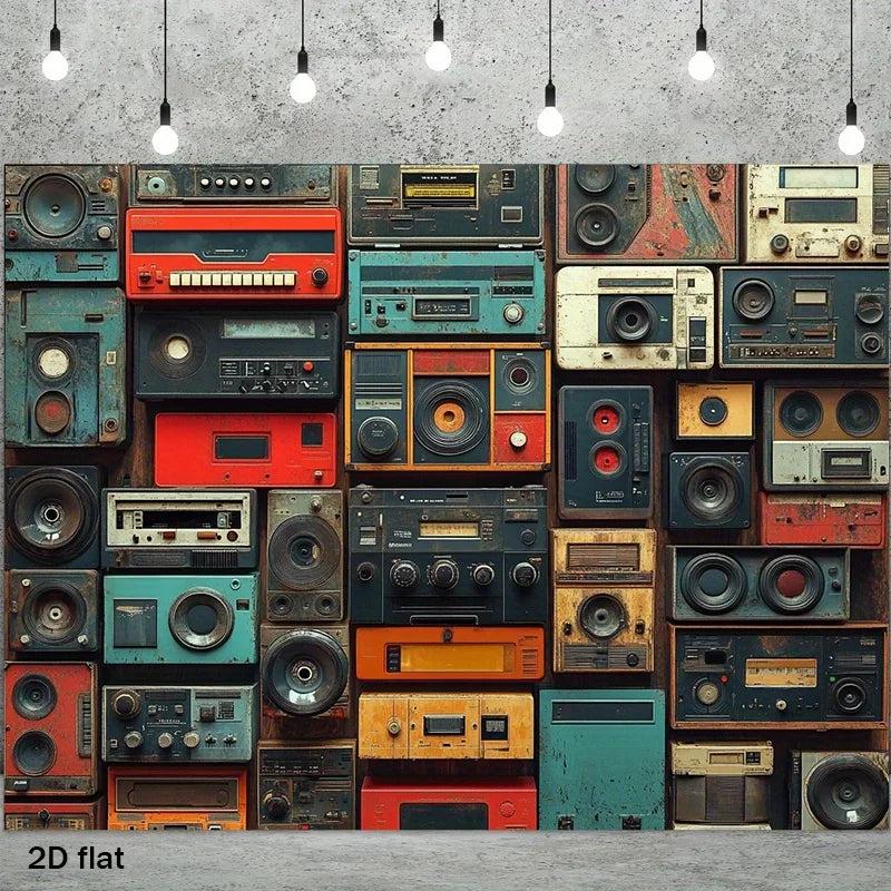 tapis mural vintage radios multicolore collage audio décor moderne chambre salon