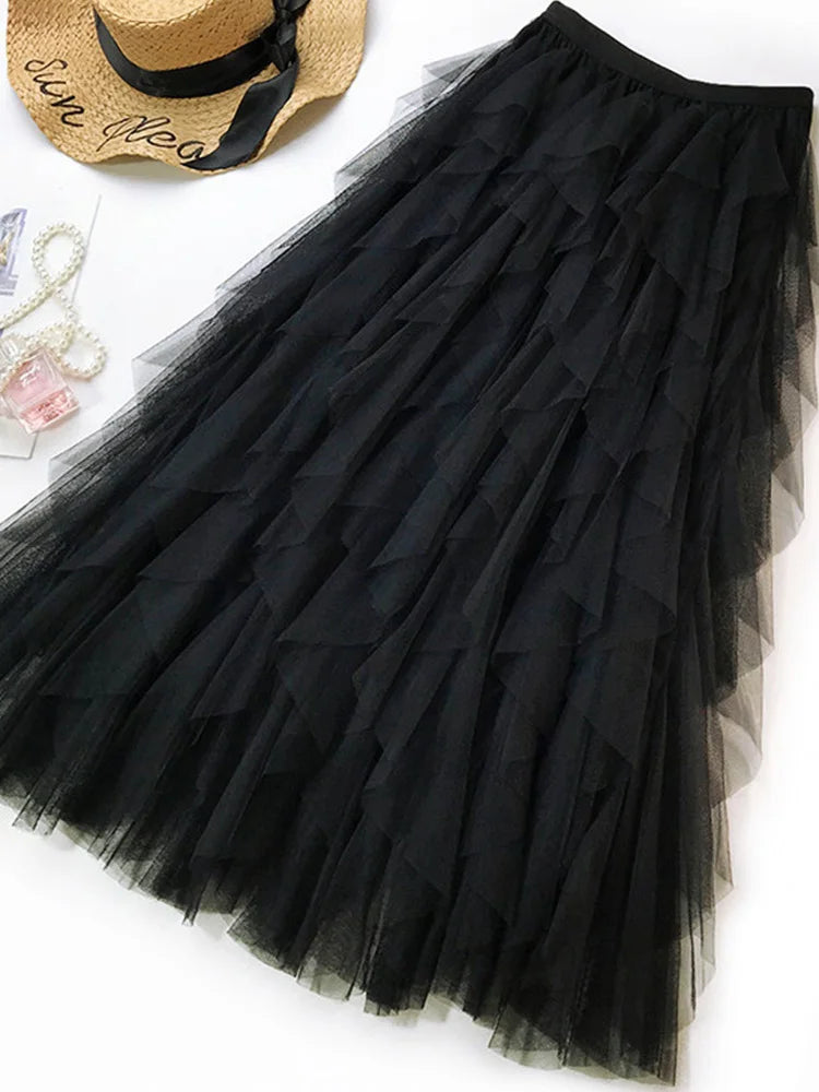 jupe féminine tulle élégante bleu clair noir rose pâle translucide plissée haute élasticité coton