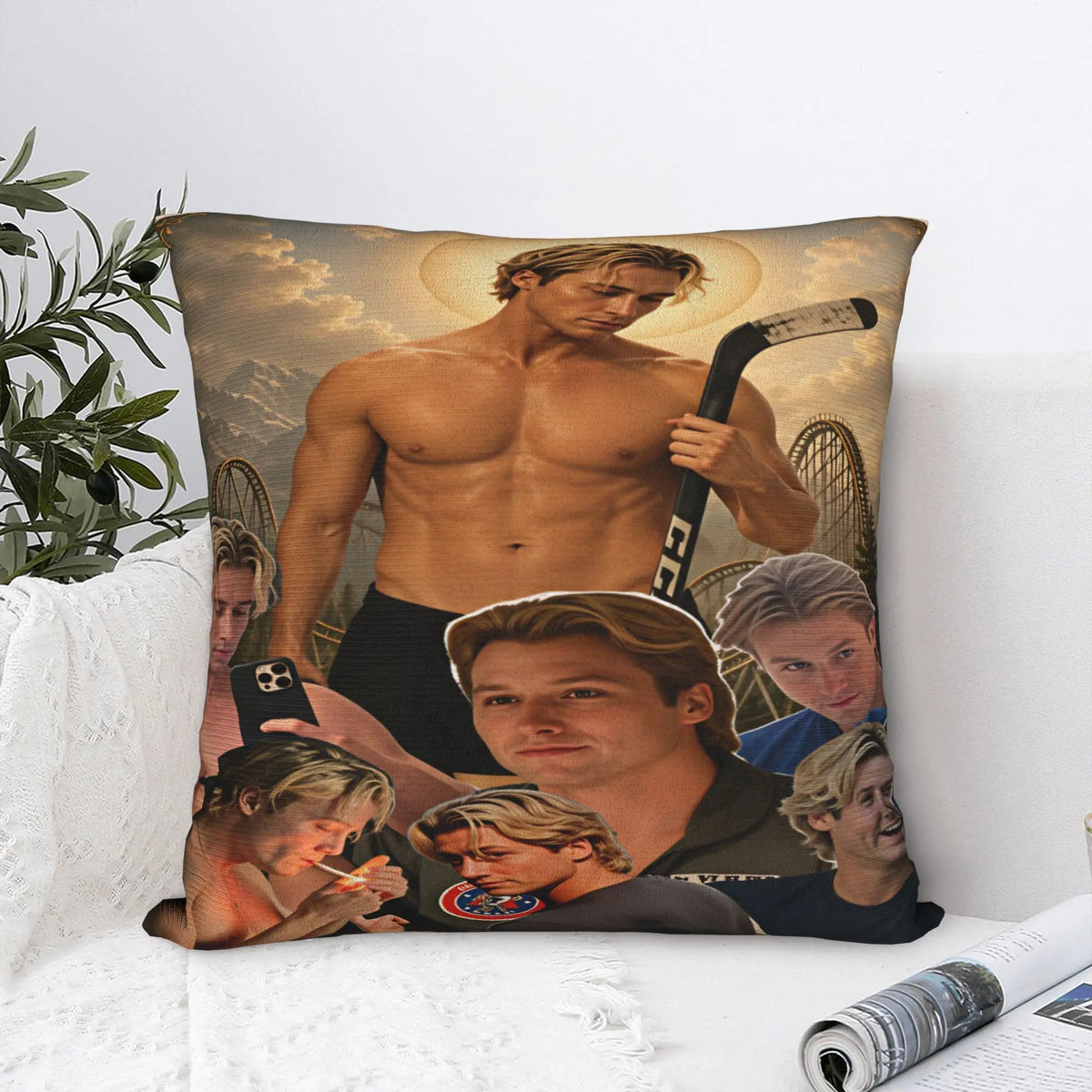 housse coussin imprimée portraits humour hockey montagnes noir chair decoration maison