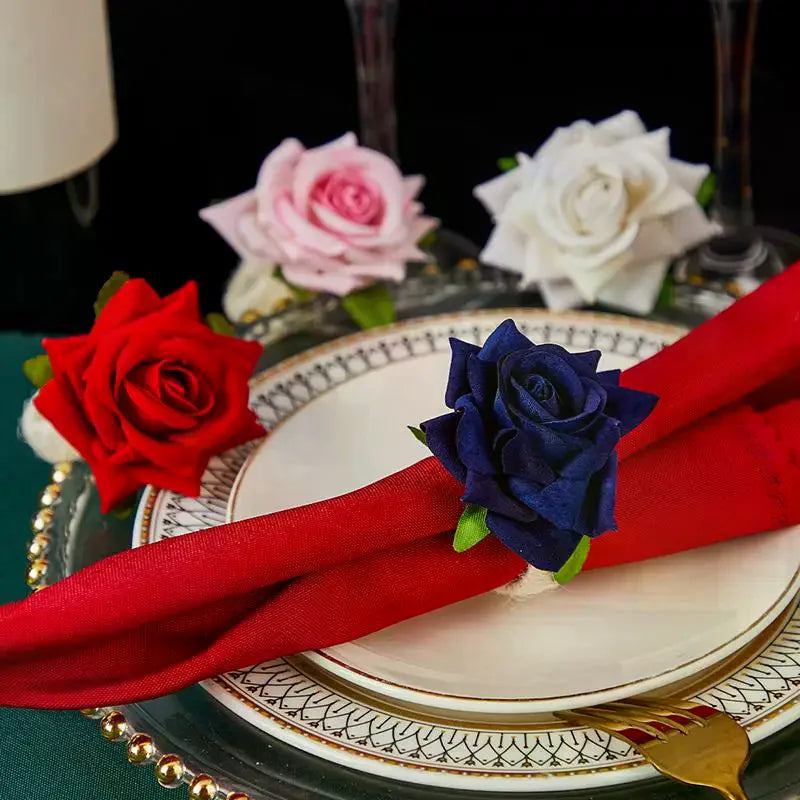anneaux serviette décoratifs fleurs artificielles rose rouge blanc mariage valentin