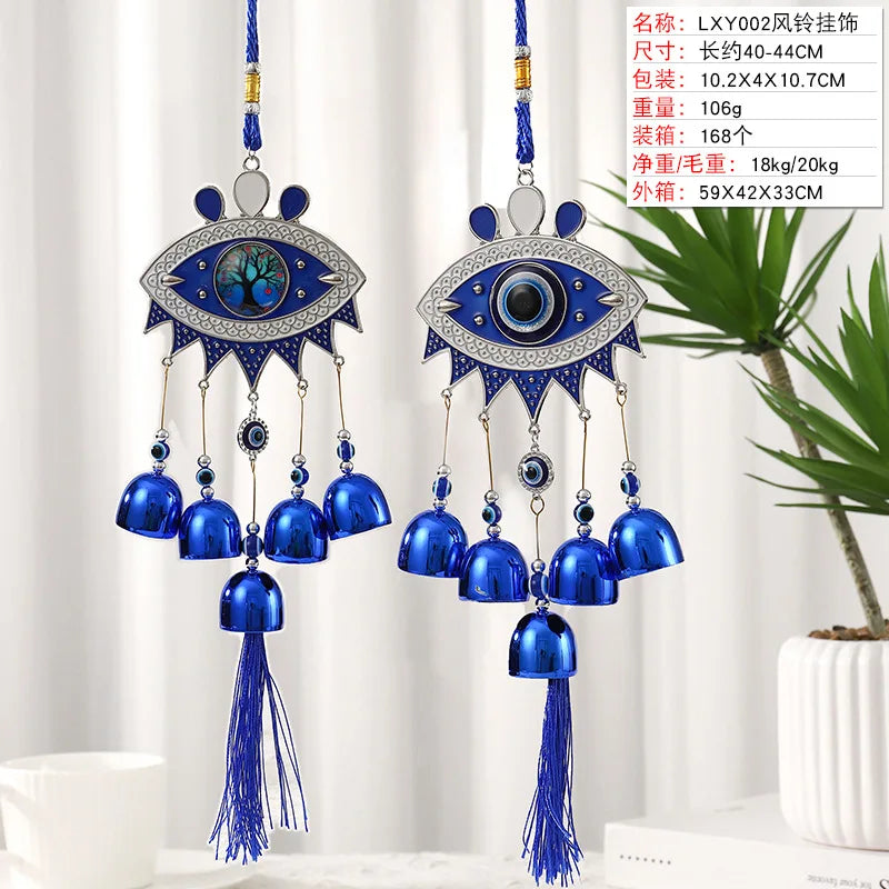 pendant ethnique attrape rêves œil bleu argenté clochettes métal maison jardinextérieur