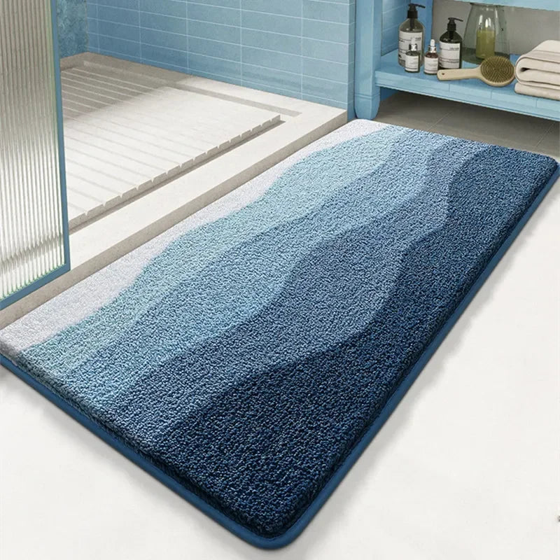 tapis bain microfibre ondulé bleu marine bleu clair blanc moderne doux absorbant rapide salle